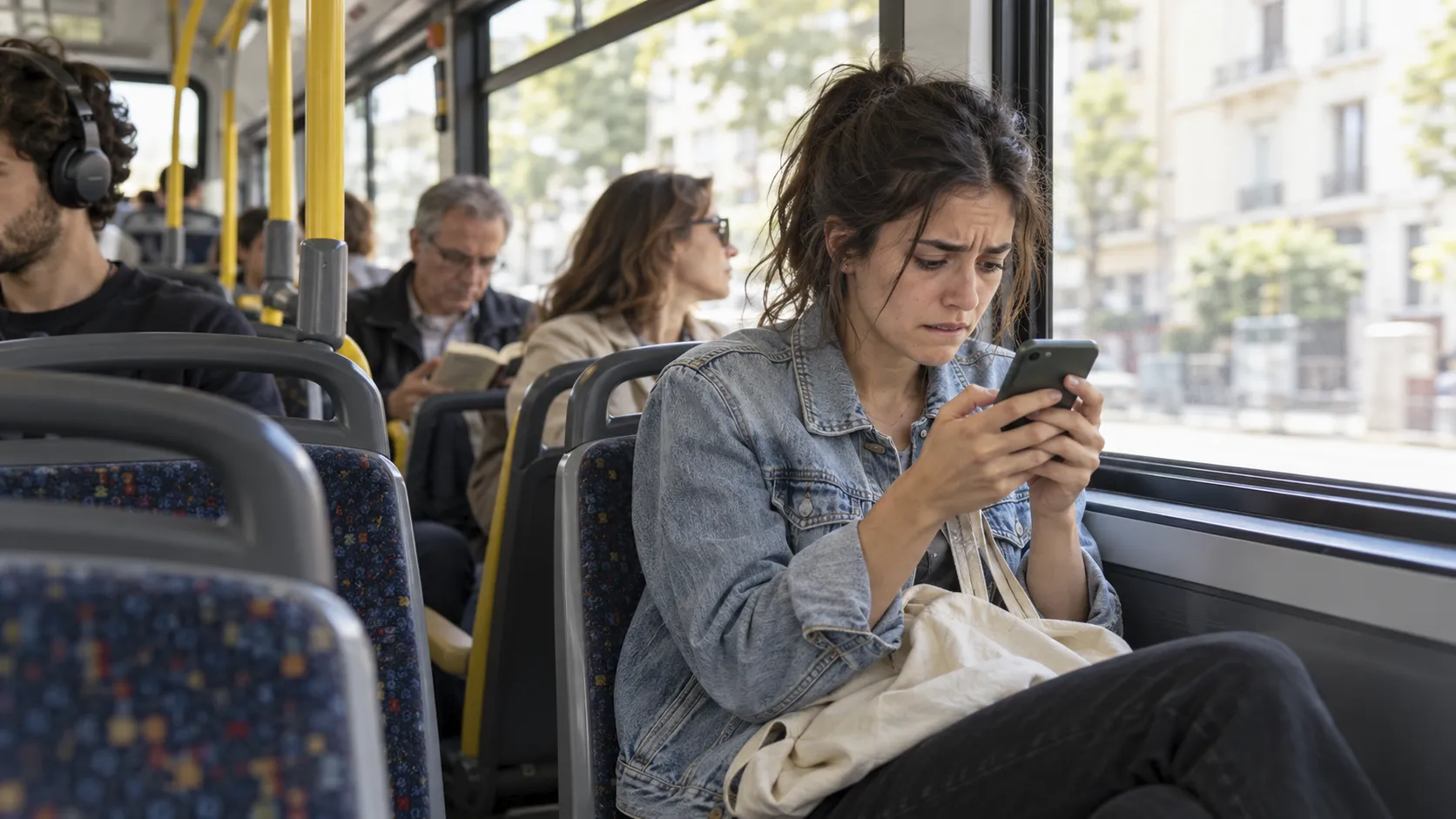 Mujer preocupada en el autobús, con el ceño fruncido y el móvil entre las dos manos