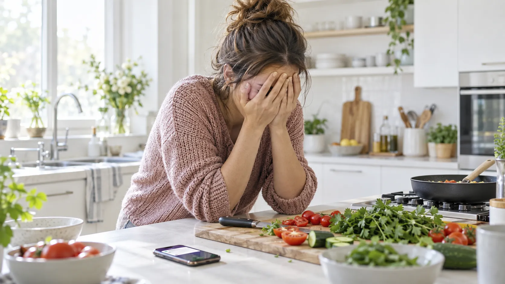 Mujer con la cara entre las manos, apoyada en la encimera de la cocina, con las verduras a medio cortar y un mensaje en el móvil