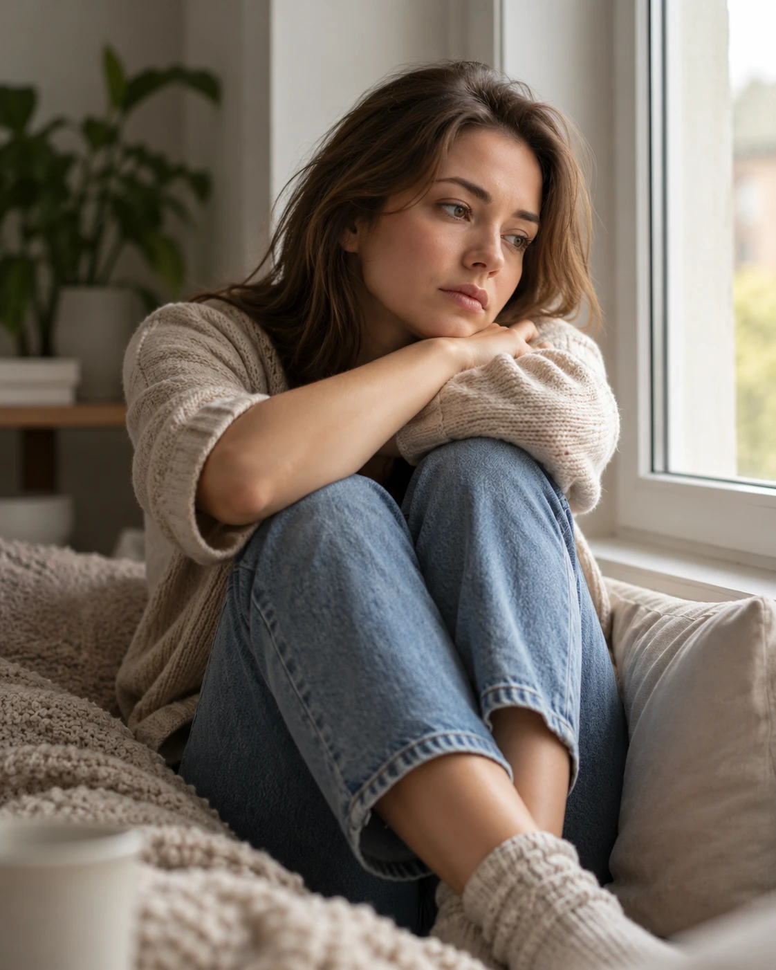 Mujer sentada en el sofá abrazándose las rodillas junto a la ventana