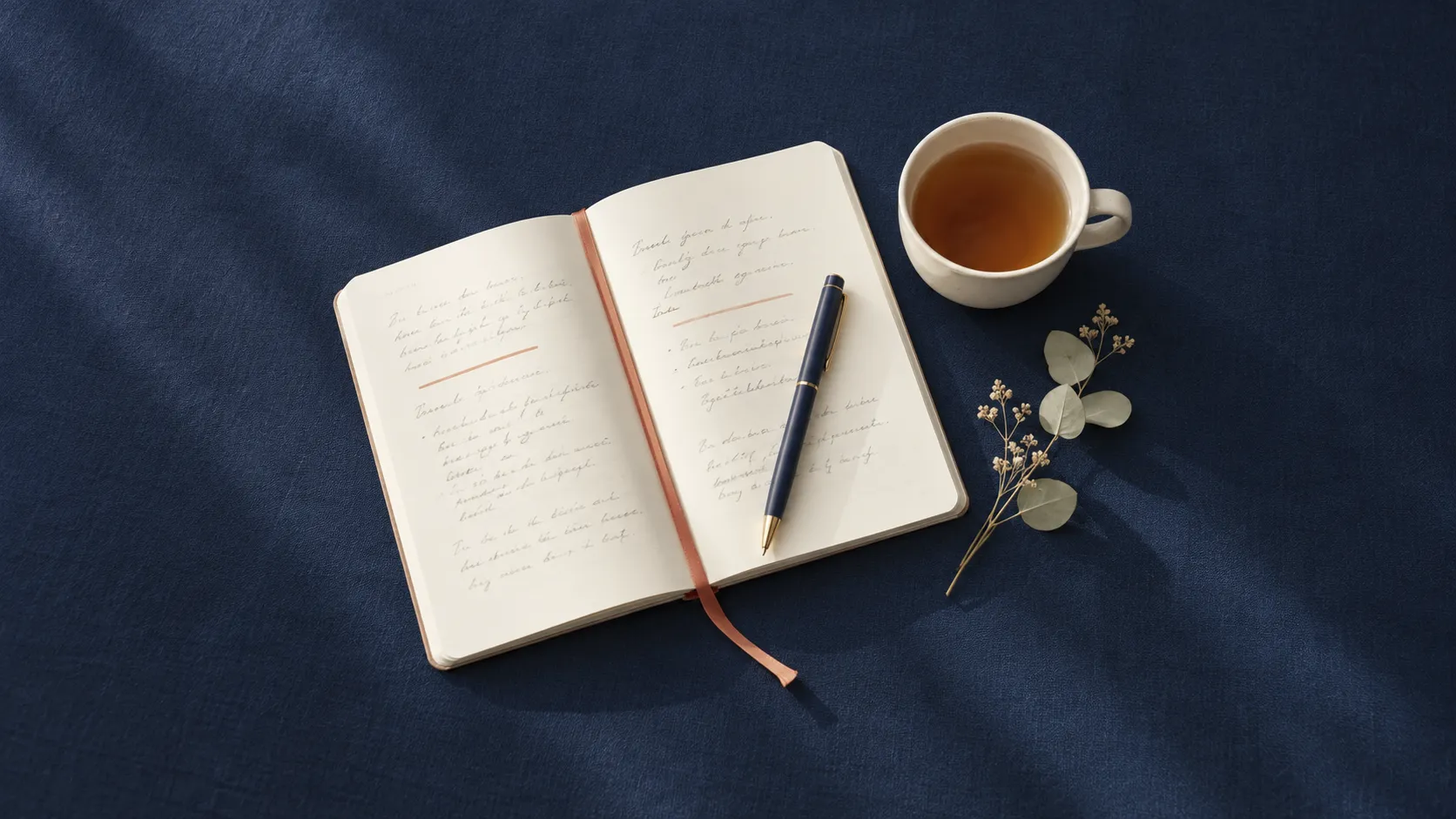 Cuaderno abierto con un bolígrafo y una taza de té, guía sobre dependencia emocional