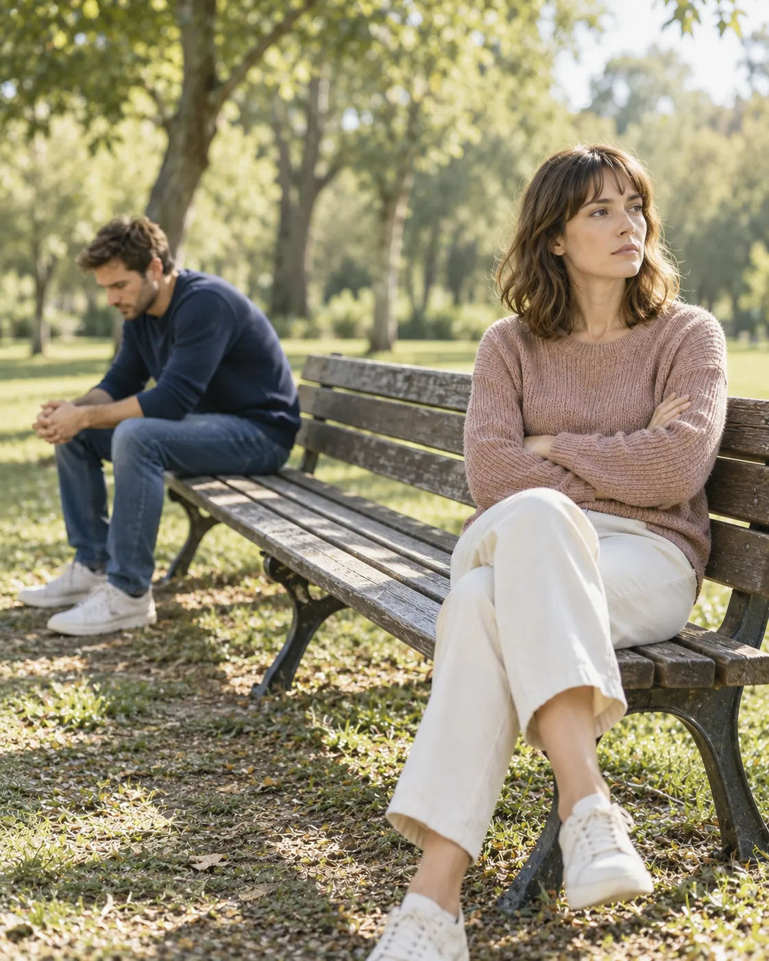 Pareja sentada en un banco del parque, cada uno mirando hacia un lado - terapia de pareja en Granada