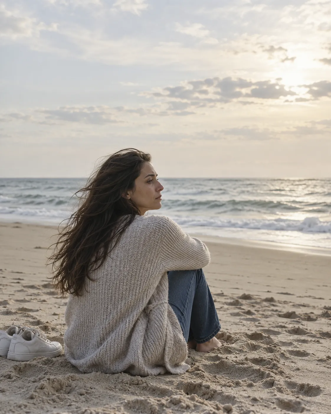 Mujer sentada en la playa al atardecer mirando el mar - terapia para rupturas y duelo emocional en Granada